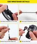 Close-up of ESD wristband details with anti-static features, 8 ft coiled cable, plug with alligator clip, and snap, part of ESD Mat Anti Static Grounding Kit for Workstations Setup, 15 Feet Low Profile Grounding Plug Adapter, Universal Snap Kit, 8 Feet Ground Coil Cord With Alligator Clip, Navy Blue Anti Static Wristband.