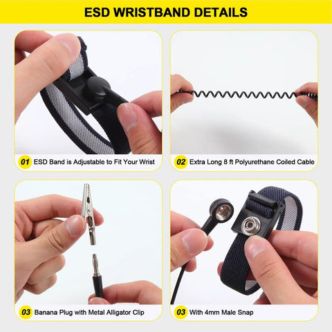 Close-up of ESD wristband details with anti-static features, 8 ft coiled cable, plug with alligator clip, and snap, part of ESD Mat Anti Static Grounding Kit for Workstations Setup, 15 Feet Low Profile Grounding Plug Adapter, Universal Snap Kit, 8 Feet Ground Coil Cord With Alligator Clip, Navy Blue Anti Static Wristband.