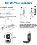 Next Level 4K Webcam With Adjustable Ring Light And Crisp Built In Microphone For Live Streaming setup instructions on a laptop.