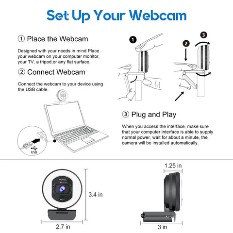 Next Level 4K Webcam With Adjustable Ring Light And Crisp Built In Microphone For Live Streaming setup instructions on a laptop.