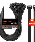 Heavy Duty 24 Inch Zip Ties With 400 Lb Tensile Strength, Double Sided Toothed Nylon Cable Ties, 100 Pack Black
