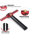 Adjustable Cabinet Hardware Jig And Handle Template Tool Crafted From Heavy Duty Aluminum For Smooth Woodworking Projects No Sweat Drilling Rock Solid Accuracy Nine Hole Layout Built Tough showing adjustable retaining nut and laser calibration.