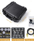 HOTROSE hydraulic pressure test kit in a black hard case with 12 test couplings, 14 tee connectors, and 5 test hoses
