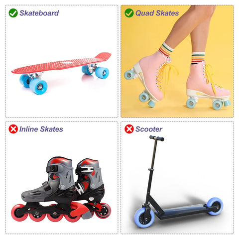 8 Pack Roller Skate Wheels Set For Quad Skates And Skateboards 58mm By 32mm ABEC 9 Bearings 82A PU Hardness Includes 2 Toe Stoppers And All Hardware Ideal For Double Row Skates Indoor Or Outdoor Pink shown in use on quad skates and skateboards with other gear options.