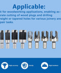 Heavy Duty Wood Plug Cutter Set With Eight Titanium Coated Drill Bits For Woodworking Projects Deep Cut Shanks Nine Point Three Millimeters drill bits arrangement on blue background.