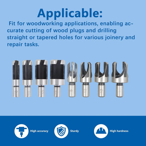 Heavy Duty Wood Plug Cutter Set With Eight Titanium Coated Drill Bits For Woodworking Projects Deep Cut Shanks Nine Point Three Millimeters drill bits arrangement on blue background.