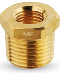 Brass hex NPT adapter bushing, 1/2 in male to 1/4 in female, MF logo, front view