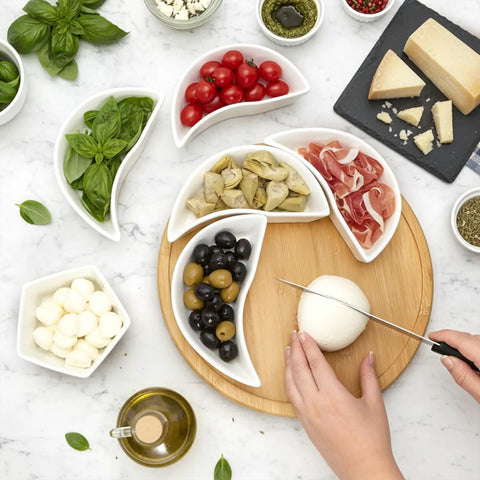 Ceramic Rotating Serving Tray With Six Removable Compartments Lazy Susan Style 11 Inch Divider Set with snacks and ingredients