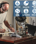 Person using a miter saw with a Heavy Duty Black Dust Collection Bag With Zipper And Steel Wire Outlet For Miter Saw Belt Sander Edge Planer Keeps Your Shop Slick With No Sweat Or Mess Guaranteed.