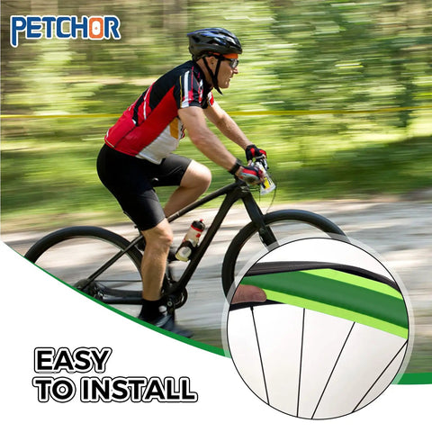 Cyclist on bike with inset of Two Rolls Fat Bike Tire Liners With TPU Puncture Protection For Inner Tubes Compatible With 12 To 29 Inch And 700C Mountain Bikes Easy Install Shields Nails Glass Spikes To Keep Your Rides Safe Smooth And Bulletproof