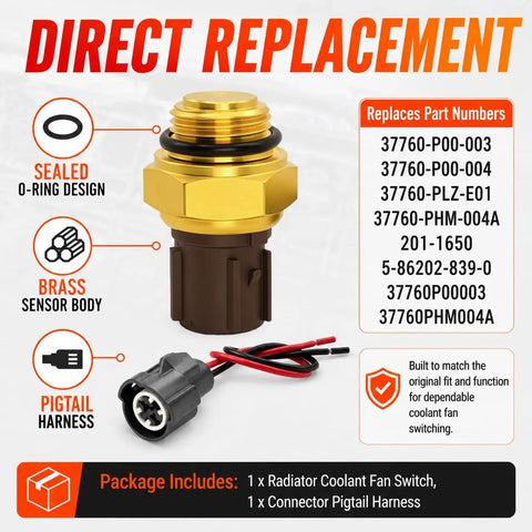 Radiator Coolant Fan Switch Replacement With Connector Pigtail Harness Water Temperature Sensor Switch For Honda Accord Civic CR V Odyssey And Acura Integra RSX TL CL Plug And Play Drop In Ready brass sensor with pigtail