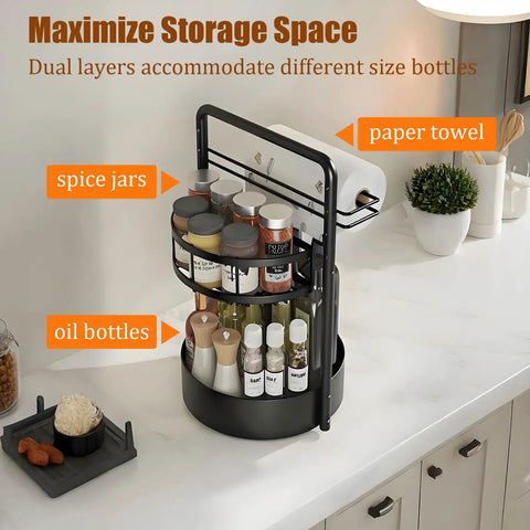 Rotating Spice Rack With Paper Towel Holder No Fuss Two Tier Lazy Susan For Spices Iron Kitchen Organizer Black