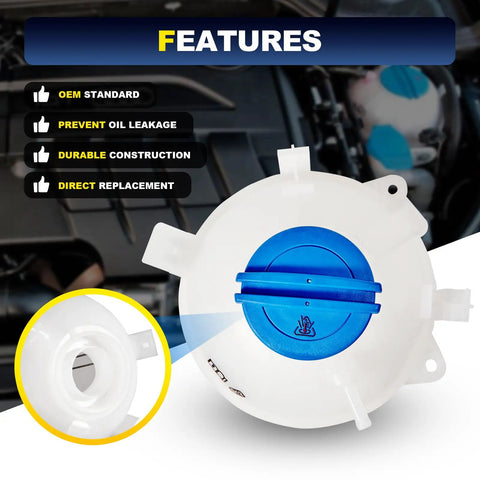 Heavy Duty Front Engine Coolant Reservoir Expansion Tank With Cap For Audi A3 Q3 TT And Volkswagen Beetle Eos Golf Passat Jetta Drop In Replacement Radiator Overflow Tank 1K0121407A, front view