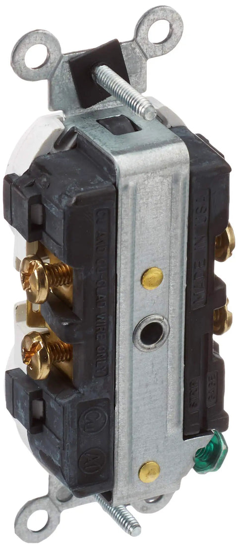 5822-W Straight Blade Single Receptacle 250 Vac 20 A 2 Pole 3 Wire White With Heavy Duty Brass Contacts Large Head Terminal Screws Captive Mounting Screws And Backed Out Staked Terminals No Hassle Wiring, side view
