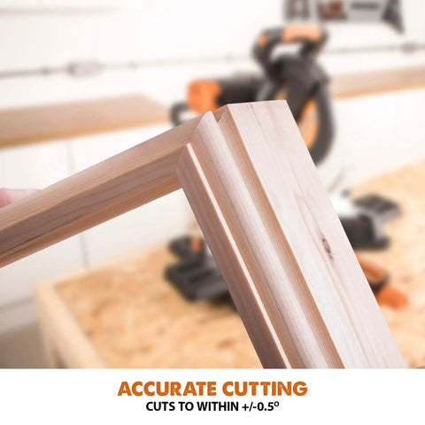 Close-up of precise cut wood piece using Dual Bevel Sliding Miter Saw For Wood Metal Plastic, 10-Inch Multi-Material Cutting.