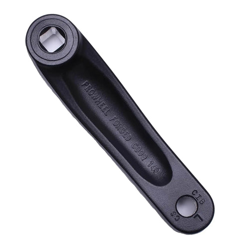Universal Left Crank Arm For Bikes, square hole, black forged alloy 6061, angle view.