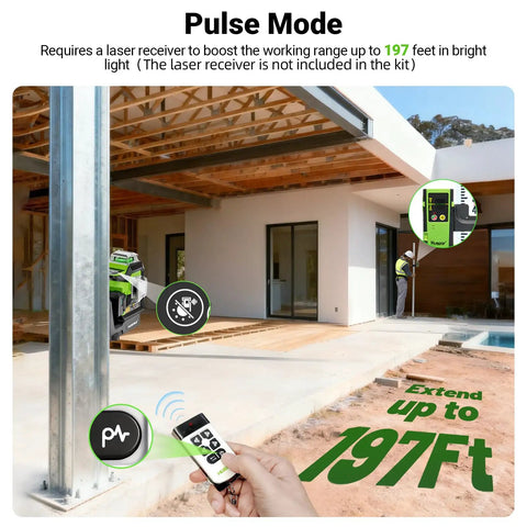 Top Notch Upgraded 360 Degree Laser Level With Electric Fine Adjustment Rotating Base Remote Control Rechargeable Self Leveling High Accuracy 1/13 Inch Pulse Mode For Precise DIY And Pro Projects shown in use during construction