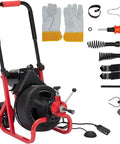 Heavy Duty Workhorse Electric Drain Auger Machine With Automatic Forward And Reverse Footswitch Control Plug And Play Badass Performance For Pro Plumbers One Hundred Feet By Three Eighths Inch Steel Cable Six Sharp Cutters and accessories included.
