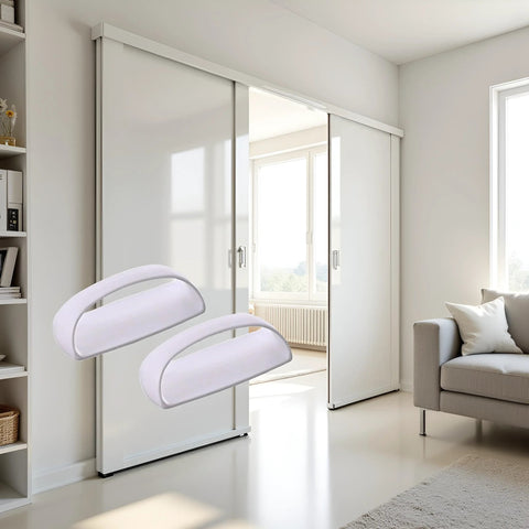 Two Pack White Adhesive Handles in a living room installed on sliding doors, showcasing no drill self stick design for glass or smooth surfaces.