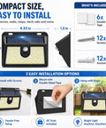 6 Pack Solar Motion Sensor Outdoor Lights Ultra Bright Waterproof Security Lighting with installation options in packaging.