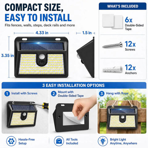 6 Pack Solar Motion Sensor Outdoor Lights Ultra Bright Waterproof Security Lighting with installation options in packaging.