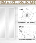 Bifold Barn Door With Mirror Panels And Hardware Kit For Closets And Rooms 40 By 84 Inches Sleek White Modern Style Durable MDF And Shatterproof Mirror Explosion Proof Backing Carbon Steel Hardware Space Saving Home Upgrade, showcasing shatterproof mirror glass comparison.
