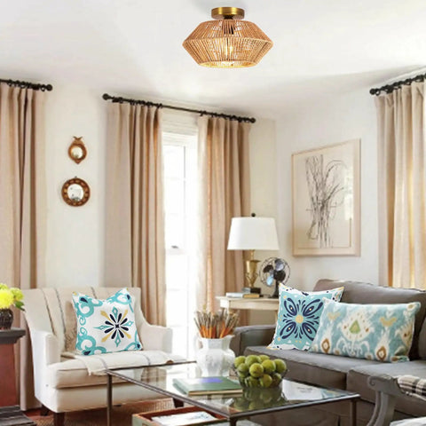 Boho Woven Rattan Ceiling Light Fixture With Handwoven Cage, Semi Flush Mount seen in a cozy living room setting