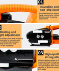 Handheld Electric Strapping Machine For Pp Pet Portable Automatic Bander With Rechargeable Lithium Ion Battery showing non-slip handle and welding adjustment features.