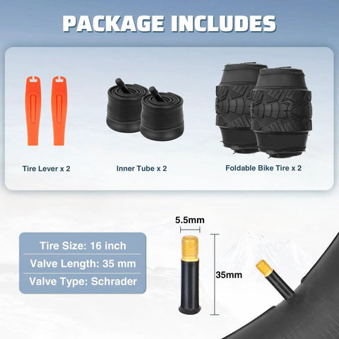 Fat Sixteen By Two Point Five Inch Electric Bike Tire With All Terrain Knobby Tread For E Trikes And E Bikes Foldable Replacement Tire For Snow Sand Mud And Dirt High Traction And Strong Grip Durable Heavy Duty Design, 16-inch tires, tubes, and levers