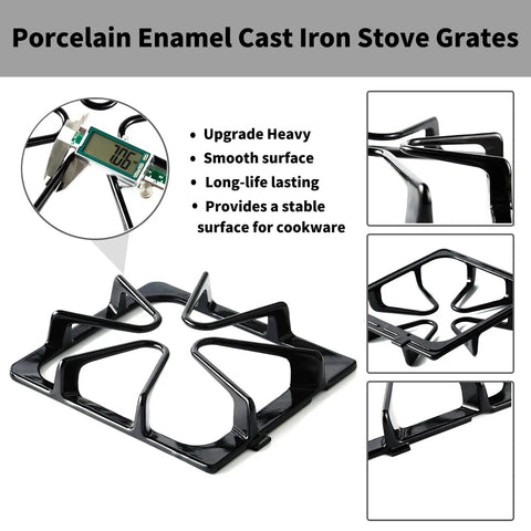 4 Pack Stove Grates Replacement 8.8 x 8.3 Inches Porcelain Enamel Cast Iron For Maytag Amana Inglis Kirkland Kenmore Gas Range Cooktop Burner Grate Set, Durable Heat Retention, Easy Install, Built To Last, Heavy Duty displayed with a caliper showing thickness