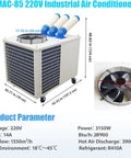Ready To Roll 220V Industrial Portable Air Conditioner featuring three adjustable air outlets and smooth swivel wheels.