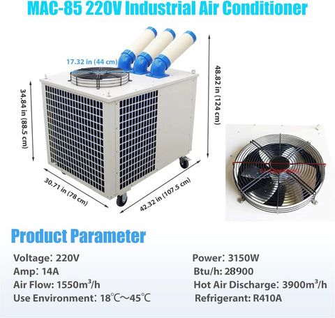 Ready To Roll 220V Industrial Portable Air Conditioner featuring three adjustable air outlets and smooth swivel wheels.