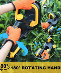 22 Inch Cordless Hedge Trimmer Tool Only No Battery Hassle Lightweight 4.4 Lbs With 0.63 Inch Cutting Capacity And 180 Degree Rotating Handle Battery Protector Tech Compatible With 20V Max Batteries For Easy Yard Trimming in use, highlighting rotating handle in action with orange gloves.