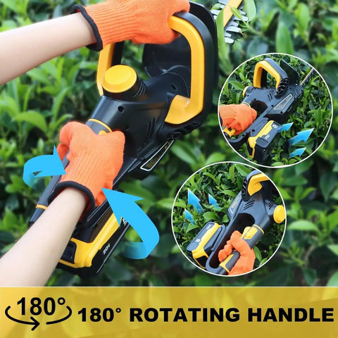 22 Inch Cordless Hedge Trimmer Tool Only No Battery Hassle Lightweight 4.4 Lbs With 0.63 Inch Cutting Capacity And 180 Degree Rotating Handle Battery Protector Tech Compatible With 20V Max Batteries For Easy Yard Trimming in use, highlighting rotating handle in action with orange gloves.