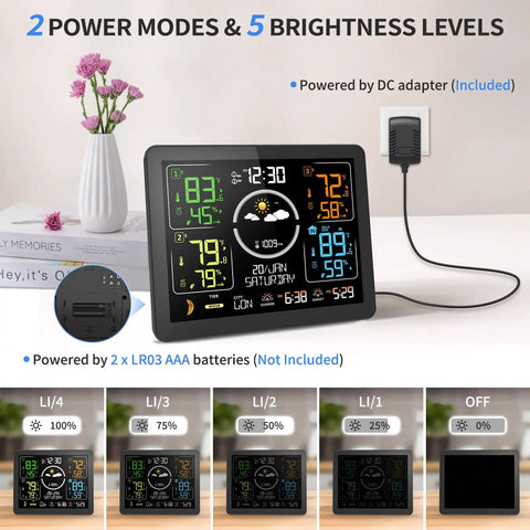 All In One Weather Station With Wireless Indoor Outdoor Thermometer And Three Remote Sensors 7.5 Inch VA Display on tabletop