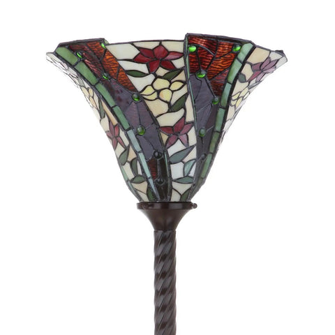 71-Inch Bronze Tiffany-Style Torchiere Floor Lamp With Dope Handcrafted Stained Glass Shade Featuring Floral Motif Classic Art Nouveau Iron Standing Lamp LED Bulb Included, showing ornate glass detail.