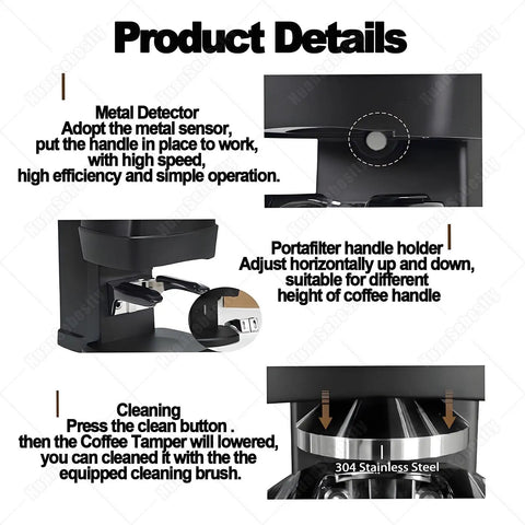 Heavy Duty Automatic Coffee Tamper With Adjustable Pressure Dial For Home Baristas And Specialty Shops showing portafilter holder and cleaning features.