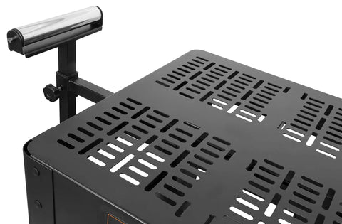 Rock Solid Multi Purpose Rolling Workbench For Planers And Miter Saws With Extendable Arms Span Fifty Four Inches surface detail showing perforated metal top and roller.