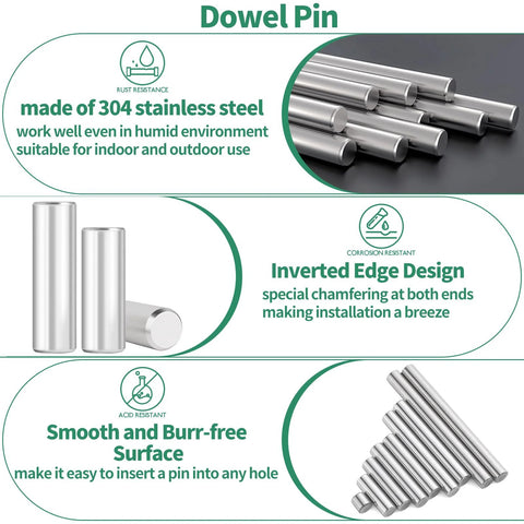 Front view of a 370-piece 304 stainless steel dowel pins set, M2–M5 for shelf supports, burr-free finish