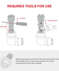 Diagram showing use of Tub Drain Remover Wrench Tool For Shower And Bathtub Built Tough Aluminum Dual Ended Fits 1 3 8 Inch And 1 1 2 Inch Drain Shoes PL0030 Easy Removal And Installation with screwdriver and adjustable wrench.