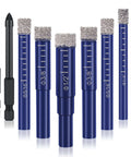 Anglekai 9-piece dry diamond drill bit set with blue bits and 1/4" hex shank in storage case.