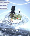All In One Air Regulator With Gauge And Water Separator Kit For One Quarter Inch NPT Compressors depicted in splashing water