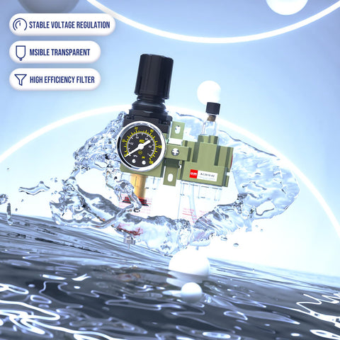 All In One Air Regulator With Gauge And Water Separator Kit For One Quarter Inch NPT Compressors depicted in splashing water
