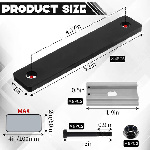 Rooftop Tent Mounting Hardware Kit 28 Pcs with flat mending plates 5.31 x 1 inches, 8 screws, 8 nuts, aluminum blocks, size details