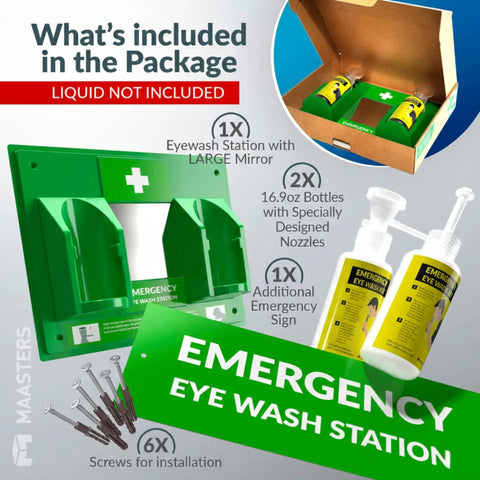 Front view of green MAASTERS BPA-free portable eye wash station with wall-mounted mirror and two 16 oz empty bottles