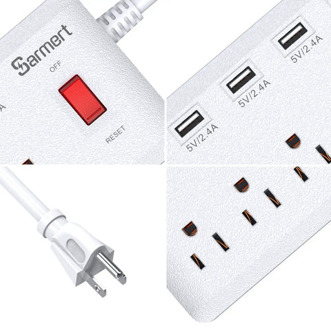 Close-up of a six outlet surge protector power strip with six USB ports and a six-foot heavy duty extension cord.