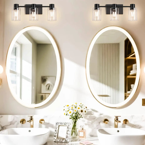 Dope Three Light Matte Black Wall Sconces For Bathroom Vanity Over Mirror Modern Glass Shade Fixtures displayed in bathroom