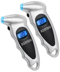 AstroAI 2-pack digital tire pressure gauges, silver with blue backlit LCD displays.