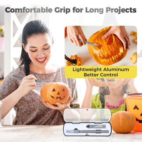 Woman carving pumpkin using 12 Piece Precision Craft Knife Set With Preloaded Aluminum Handle And 10 Size 11 Hobby Blades Plus Storage Case