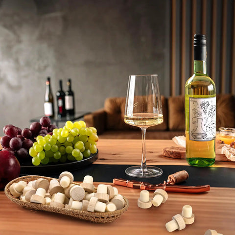 60 Pieces T Shaped Wine Corks Reusable Cork Plugs Wooden And Rubber Wine Stoppers on table with wine and grapes